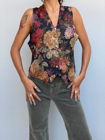 Vintage 90s Ardmore Black Floral Waistcoat Rayon Button-Front Vest – L