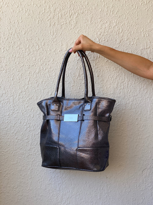 Calvin Klein Snakeskin Faux Leather Tote Bag Metallic Black Grey Purse