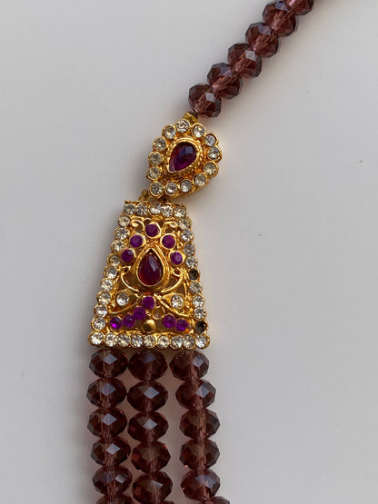 Vintage Jewellery Set Triple Strand Amethyst Crystal Bead Necklace with Rhinestone Gold Earrings