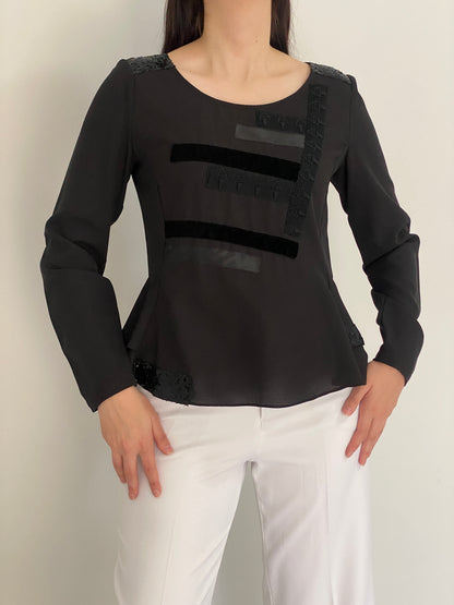 Vintage SÃO PAULO Black Sequin Patched Peplum Evening Top – S