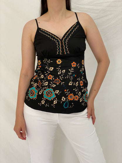 Y2K Black Floral Embroidered Cotton Cami Top – S
