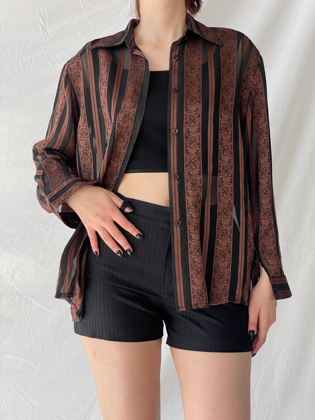 Vintage Noble Pretty Brown Floral Striped Sheer Long Sleeve Women’s Button Shirt - M