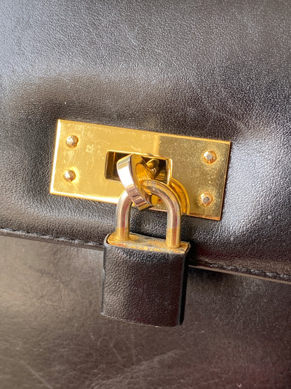 Vintage 1960s-1970s Susan Gail Structured Black Leather Kelly Bag Gold Turn Lock Top Handle