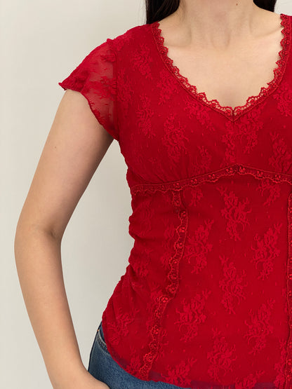 Vintage Y2K Candie’s Red Stretch Floral Lace Babydoll Top – M
