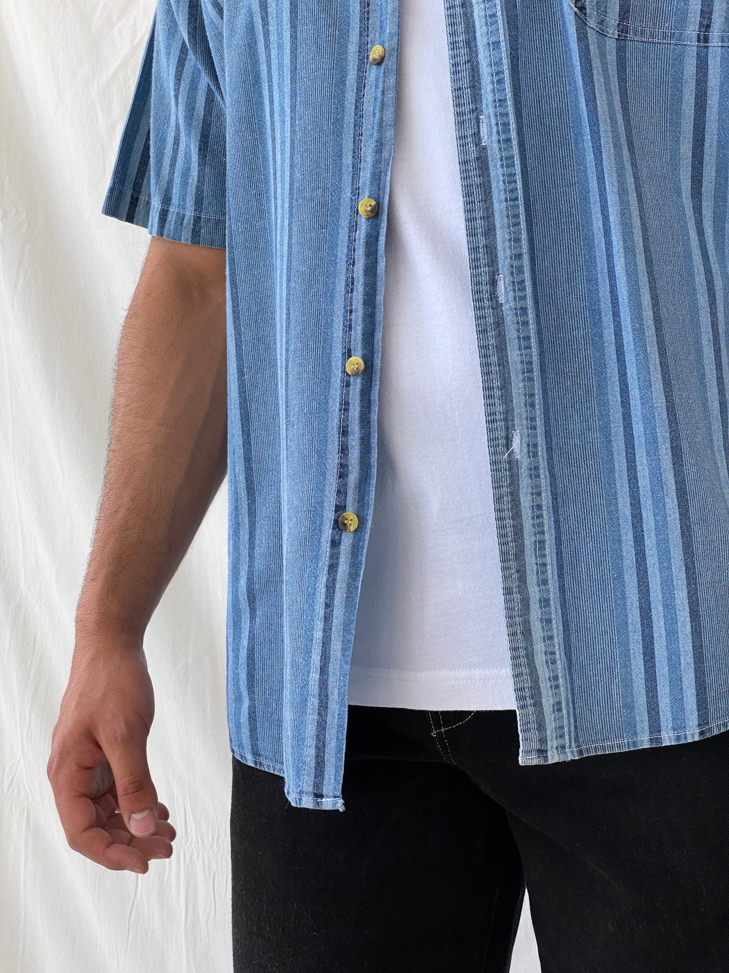 Vintage 90s Faded Glory Men’s Button Up Striped Blue Short Sleeve Cotton Shirt - L