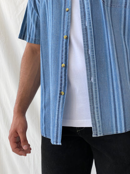 Vintage 90s Faded Glory Men’s Button Up Striped Blue Short Sleeve Cotton Shirt - L