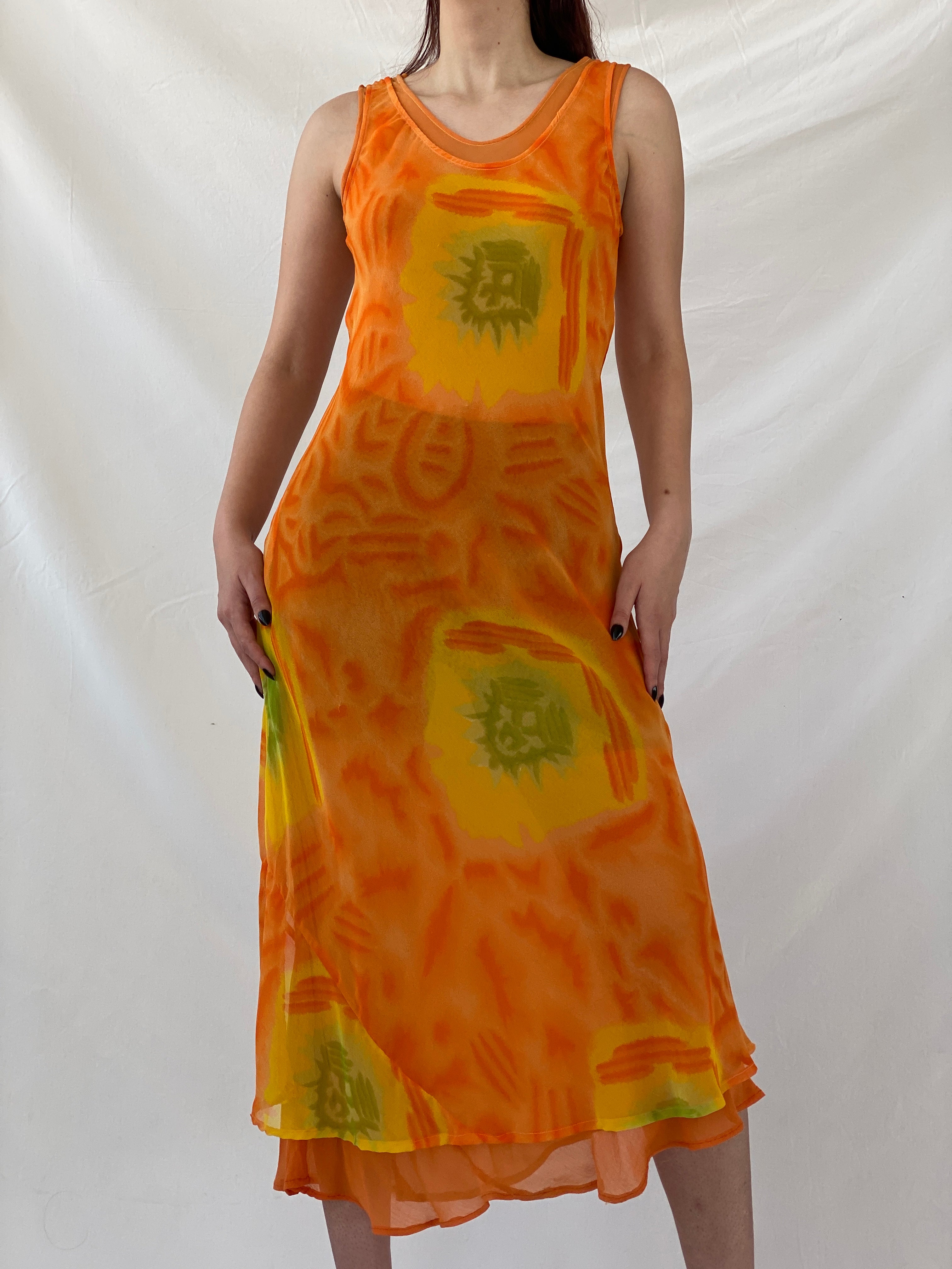 Y2K Chiffon Orange Tie Dye Sheer Maxi Dress - M