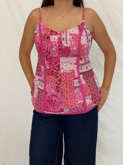 Y2K Per Una Pink Cotton Patchwork Floral Cami Top – L