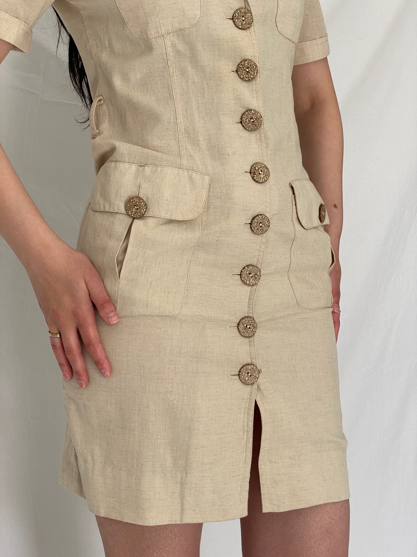 Vintage SISAN Couture Beige Safari-Style Linen Blend Belted Dress - S