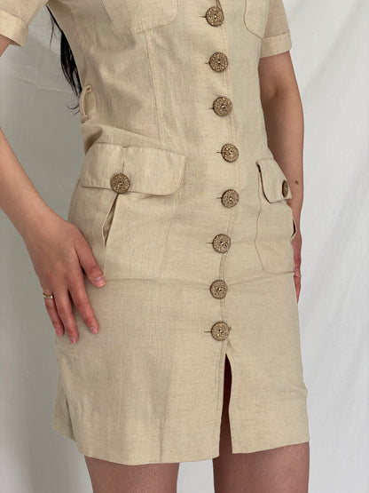 Vintage SISAN Couture Beige Safari-Style Linen Blend Belted Dress - S