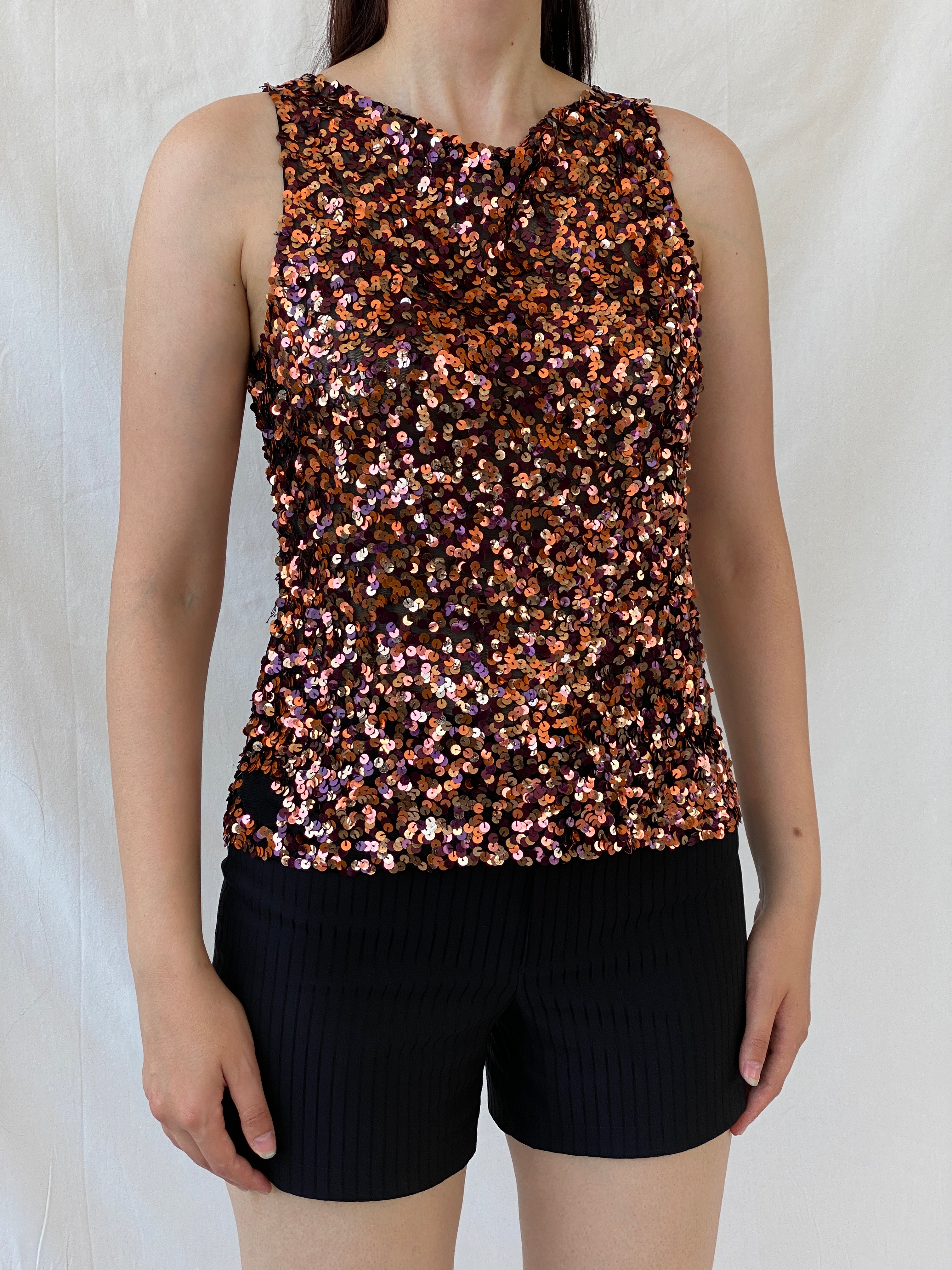 بلوزة سهرة بدون أكمام من فيرا مونت فرنسا، مصنوعة من النحاس والترتر، بتصميم عتيق - مقاس M