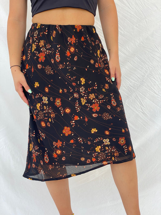 Vintage Handmade Floral Midi Elastic Waist Skirt - M