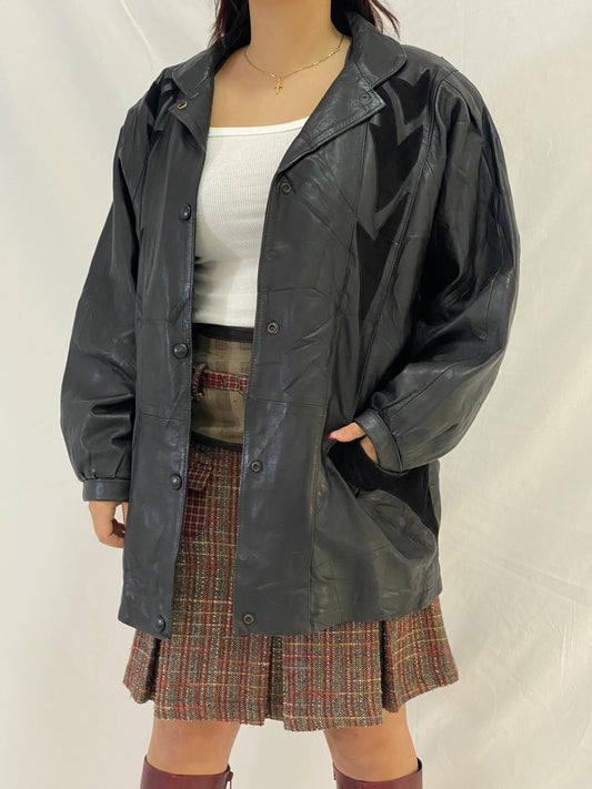 Vintage Oversized Fit Ferpele Black Leather Coat with Graphic Panel Details - M