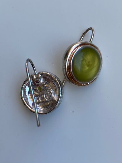 Vintage-Inspired KC Olive Green Cabochon Silver-Tone Drop Earrings