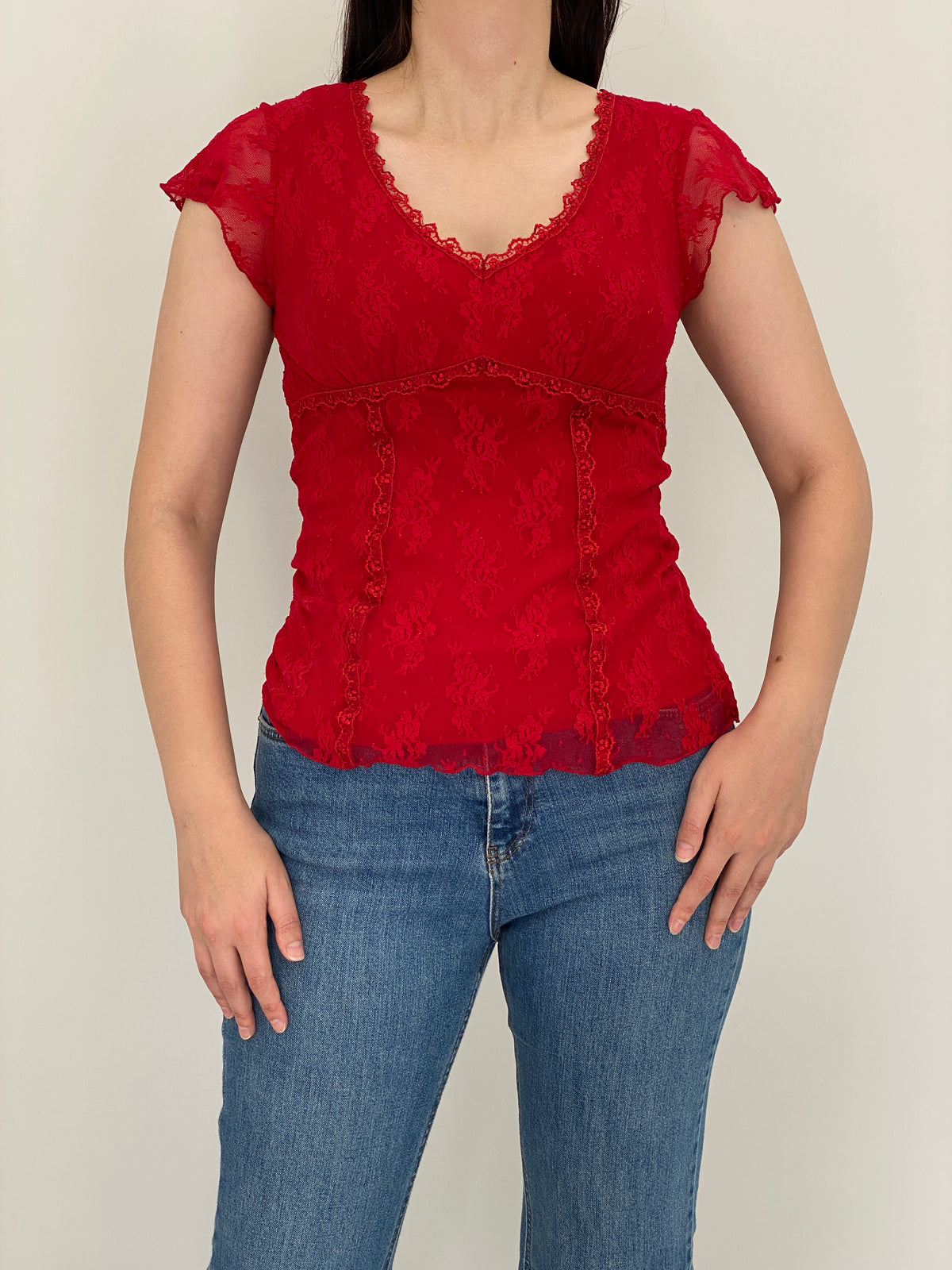 Vintage Y2K Candie’s Red Stretch Floral Lace Babydoll Top – M