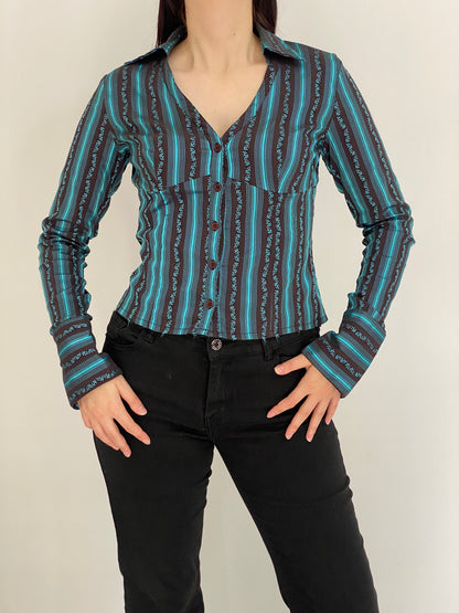 Vintage Y2K Style Turquoise & Brown Striped Fitted Button-Up Shirt - M