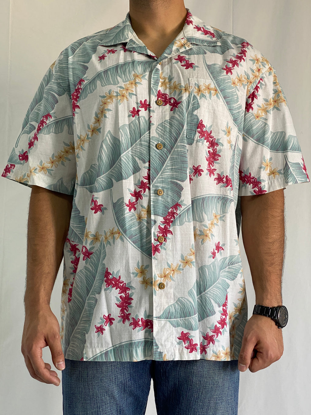 Vintage Batik Bay Reverse Print Cotton Hawaiian Shirt With Tropical Floral Design - XL