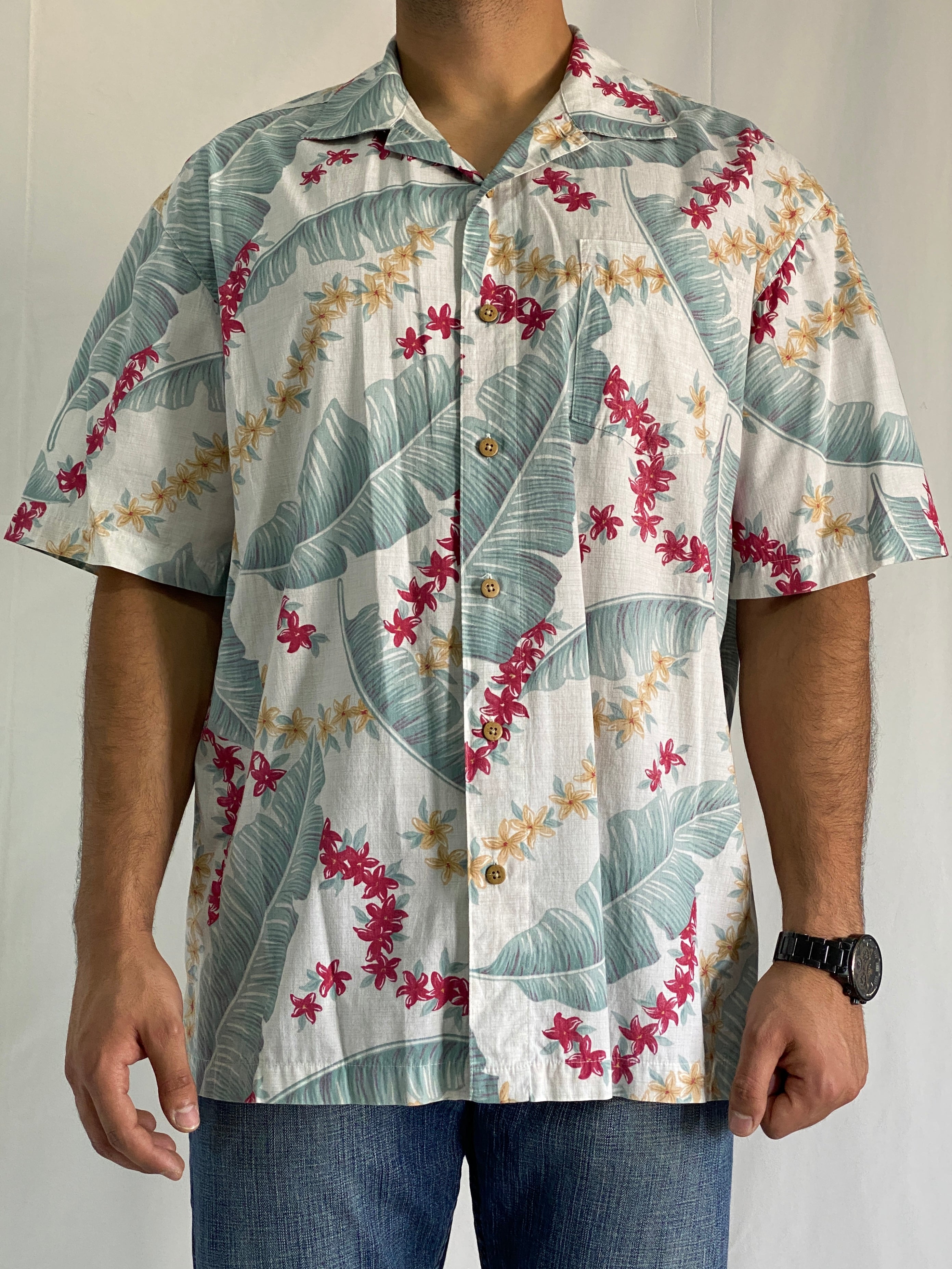 Vintage Batik Bay Reverse Print Cotton Hawaiian Shirt With Tropical Floral Design - XL