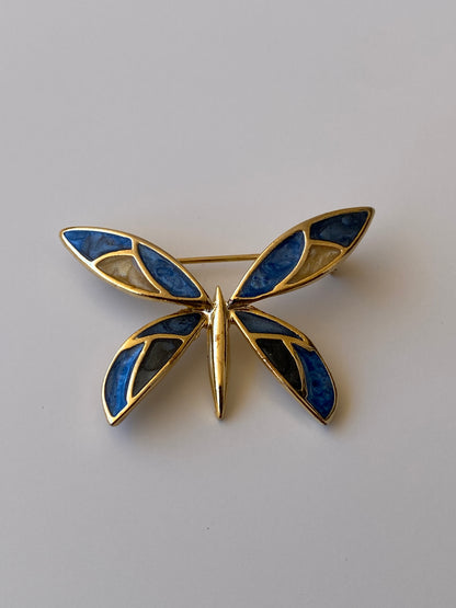 Vintage Blue Enamel Butterfly Brooch Gold Tone Statement Pin