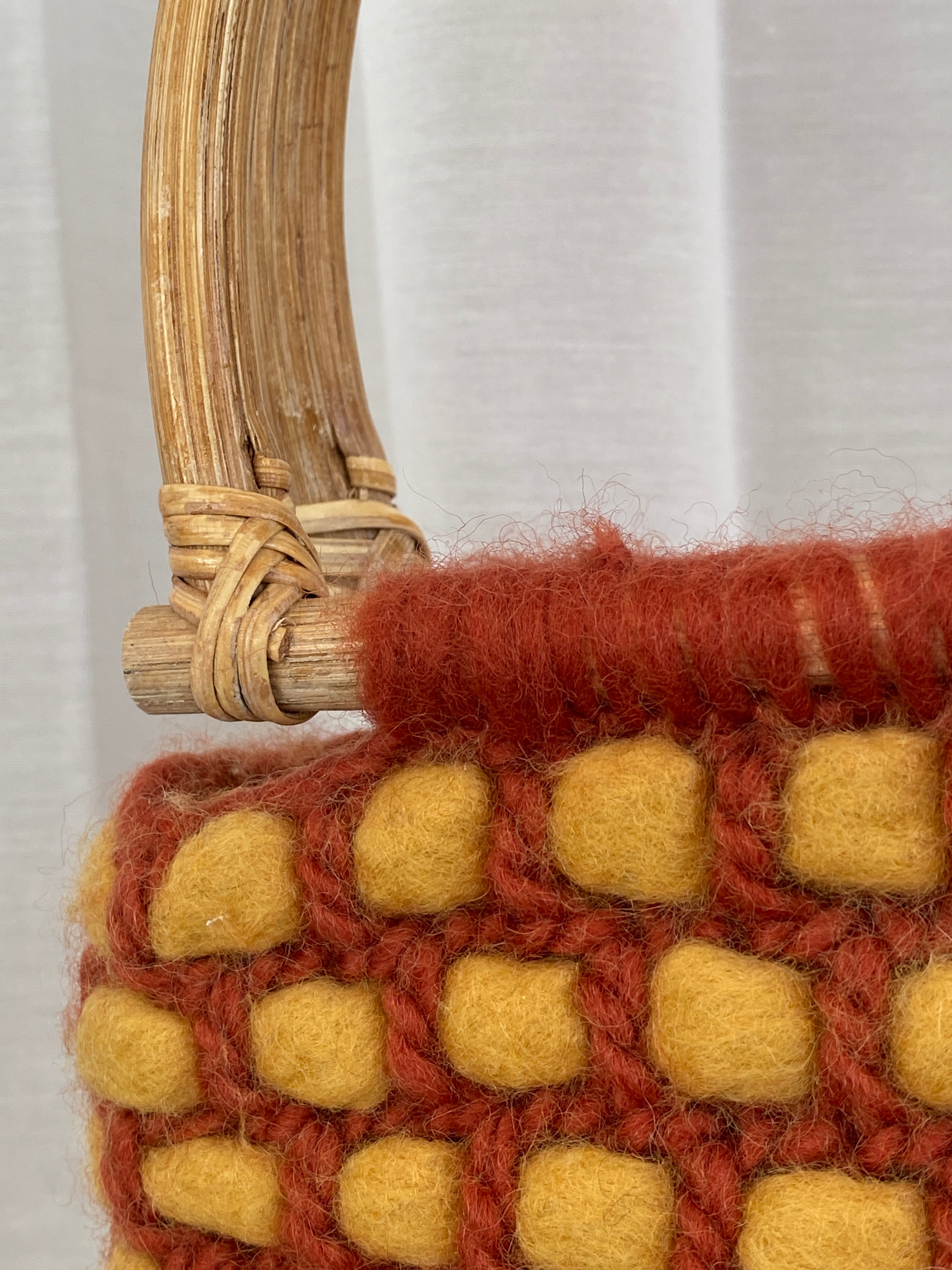 Vintage Orange Wool Crochet Wooden Handle Woven Beach Handbag