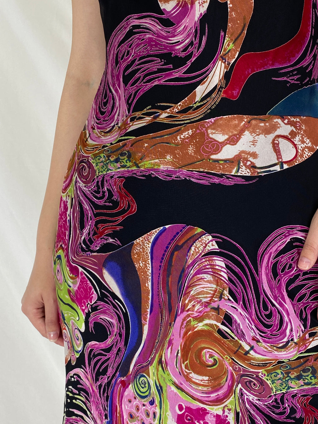 Vintage 90s Abstract Psychedelic Slip Swirl Midi Party Dress - M