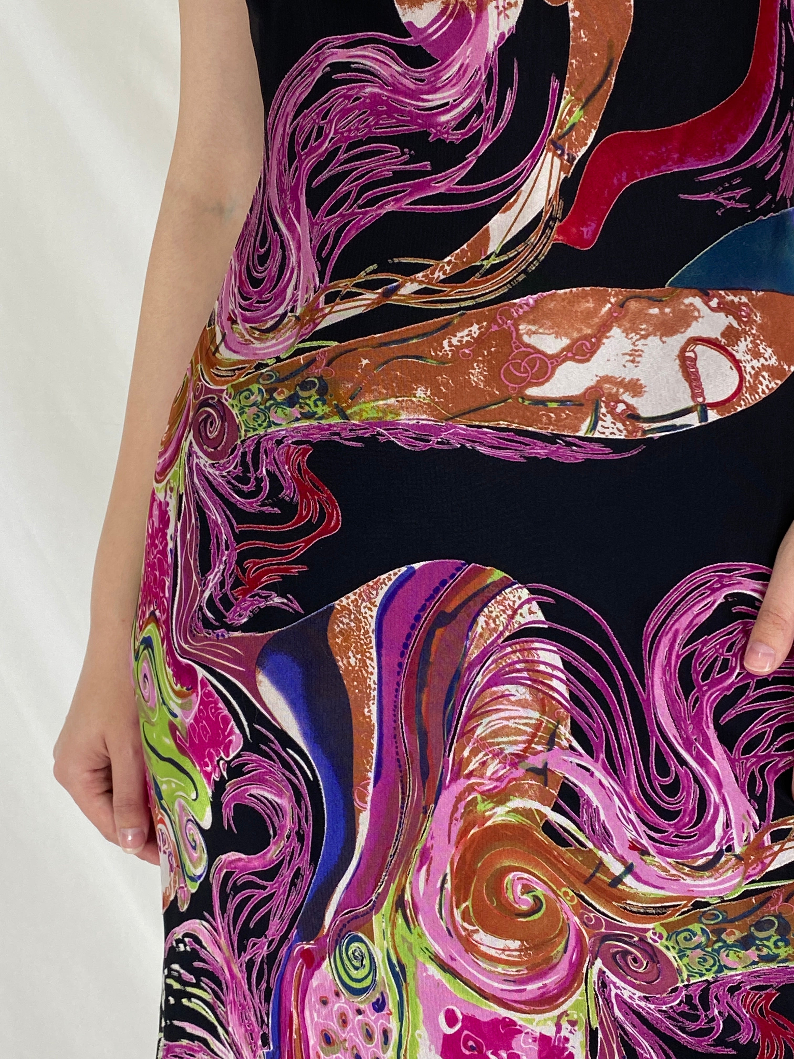Vintage 90s Abstract Psychedelic Slip Swirl Midi Party Dress - M