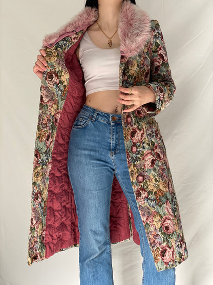 Vintage Statement Handmade Floral Tapestry Quilted Coat with Pink Faux Fur Collar - M