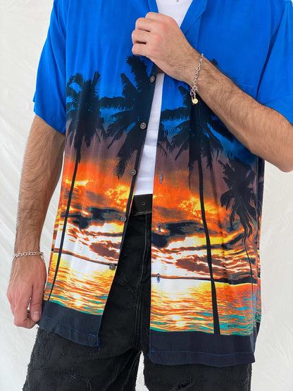 Favant Sunset Hawaiian Blue and Orange Shirt Size XL - Balagan Vintage Half Sleeve Top 90s, Awsam, half sleeve shirt, Hawaiian shirt, mens shirt, NEW IN, printed shirt