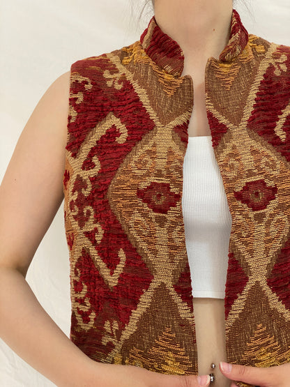 Vintage Handmade Tapestry Open Front Vest Red Boho Waistcoat – L