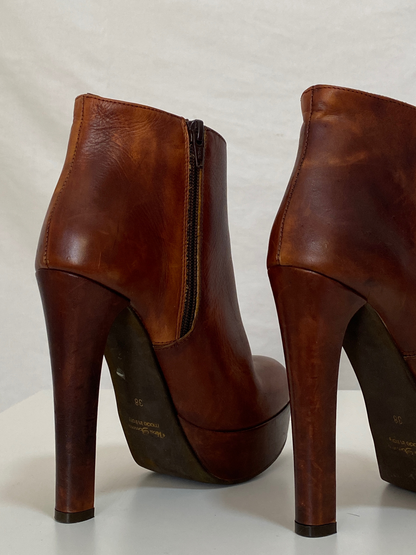 Network Genuine Leather Platform Ankle Boots Distressed Brown High Heel Statement Shoes - EU 38