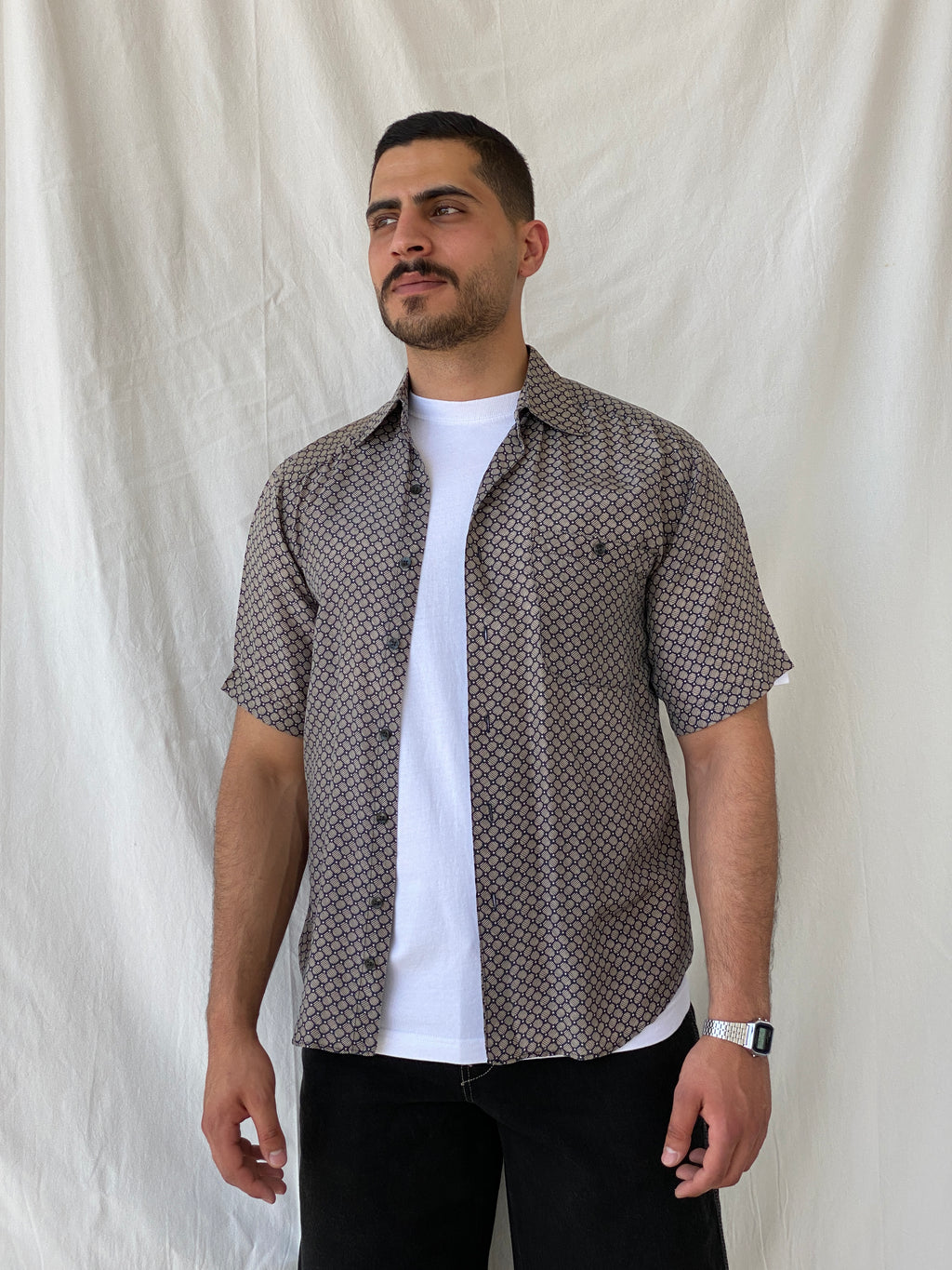 Vintage SILK UOMO by NAK Men’s Beige Navy Short Sleeve Silk Shirt - S