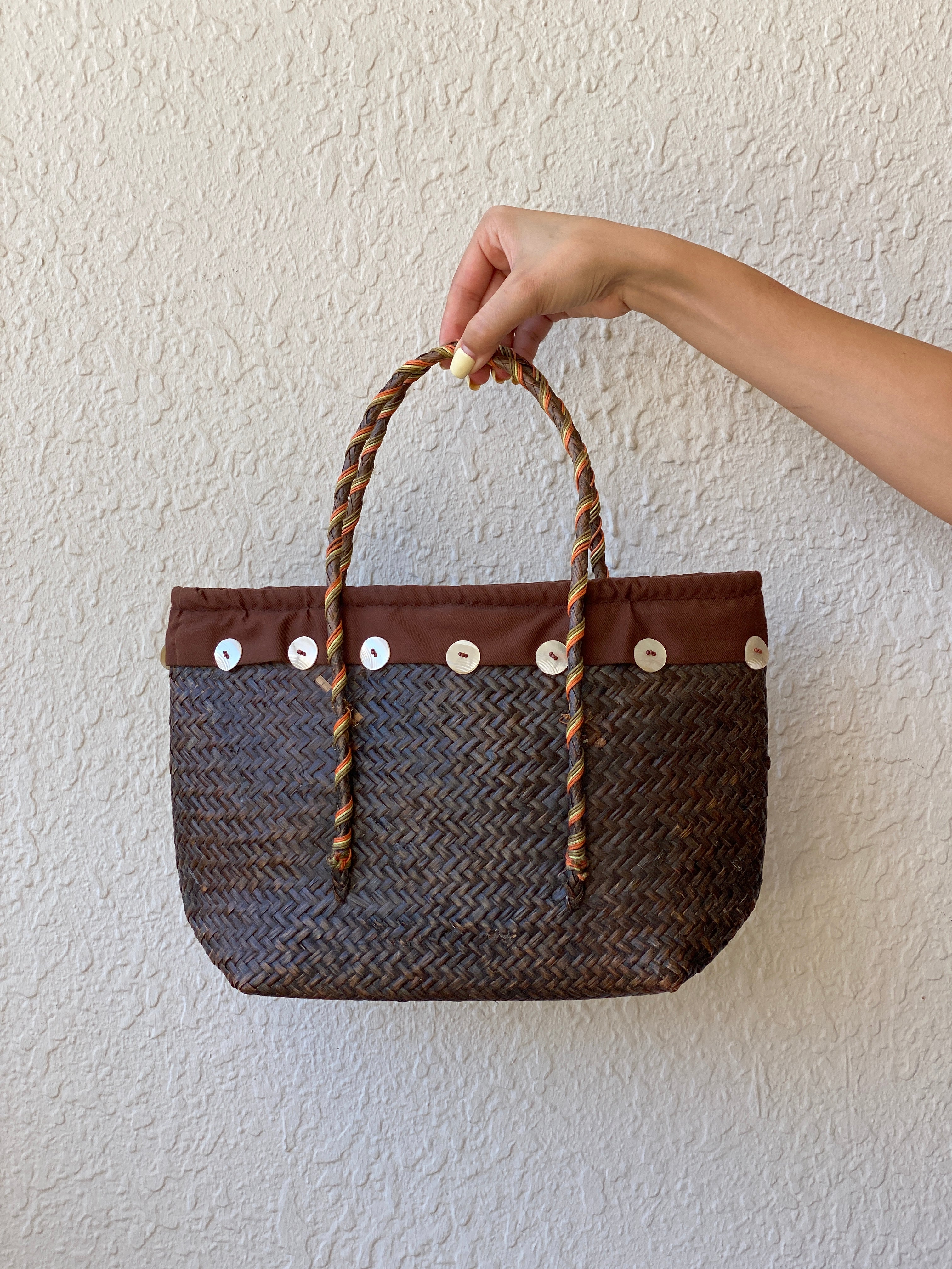 Vintage Handwoven Straw Beach Bag with Beaded Tribal Detail & Shell Accents