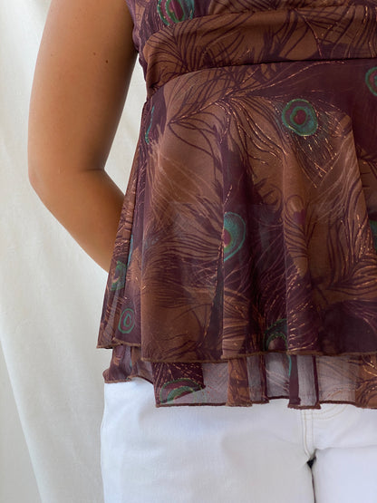 90s My Michelle Boho Peacock Print Brown Sheer Layered Cami - L