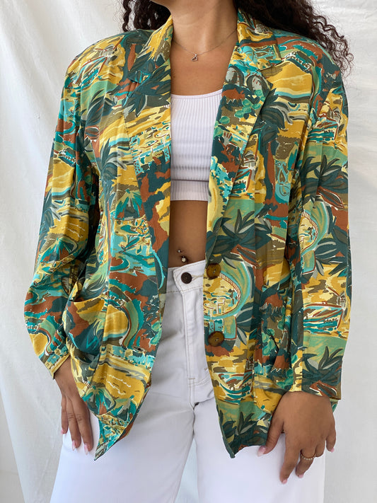 Vintage Handmade Multicolor Afro-Print Green and Yellow Blazer - L