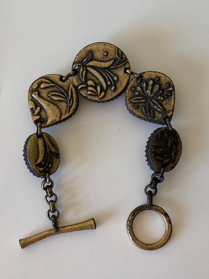 Vintage Lucky Brand Boho Wood & Brass Bracelet Toggle Clasp Ethnic Statement Jewelry