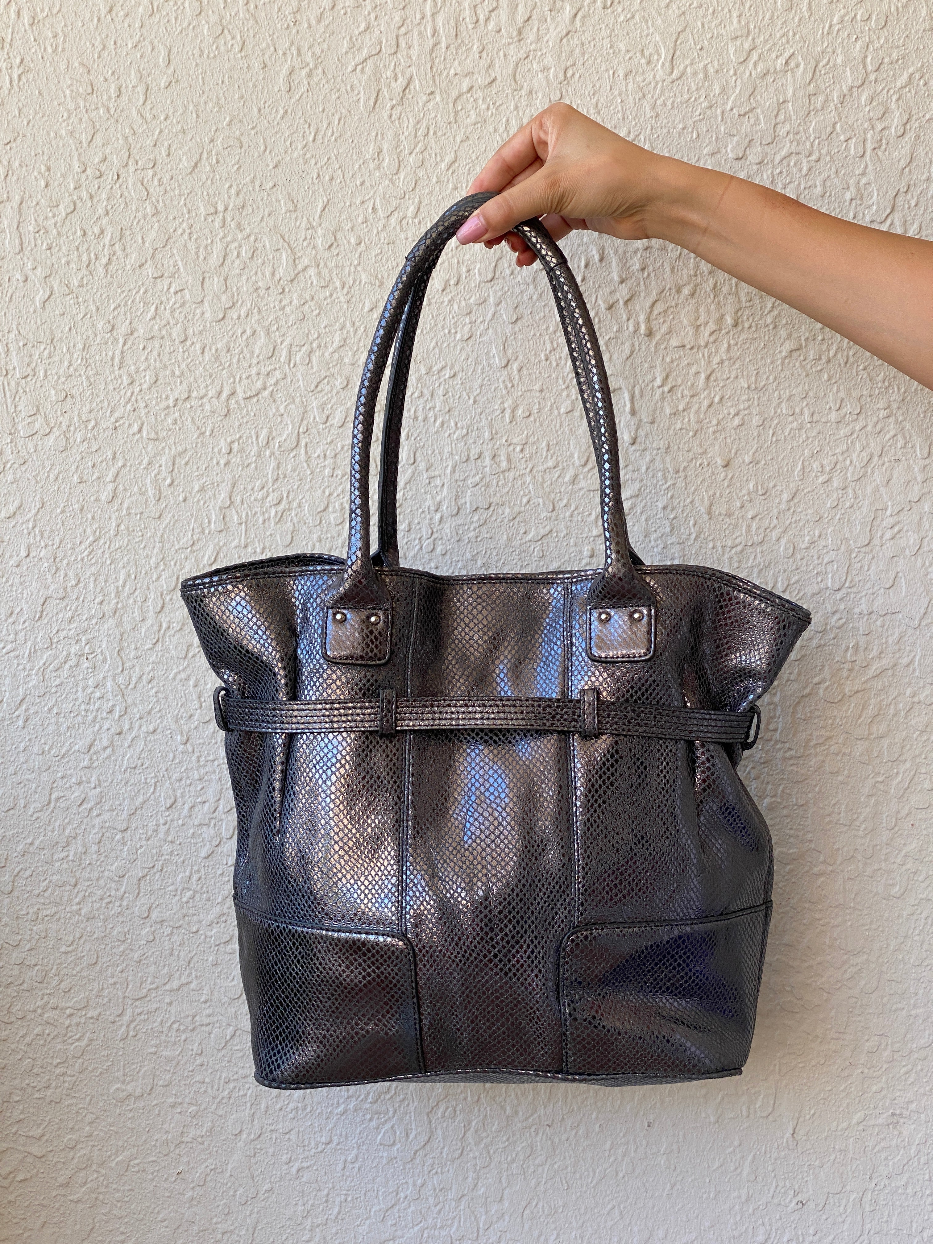 Calvin Klein Snakeskin Faux Leather Tote Bag Metallic Black Grey Purse