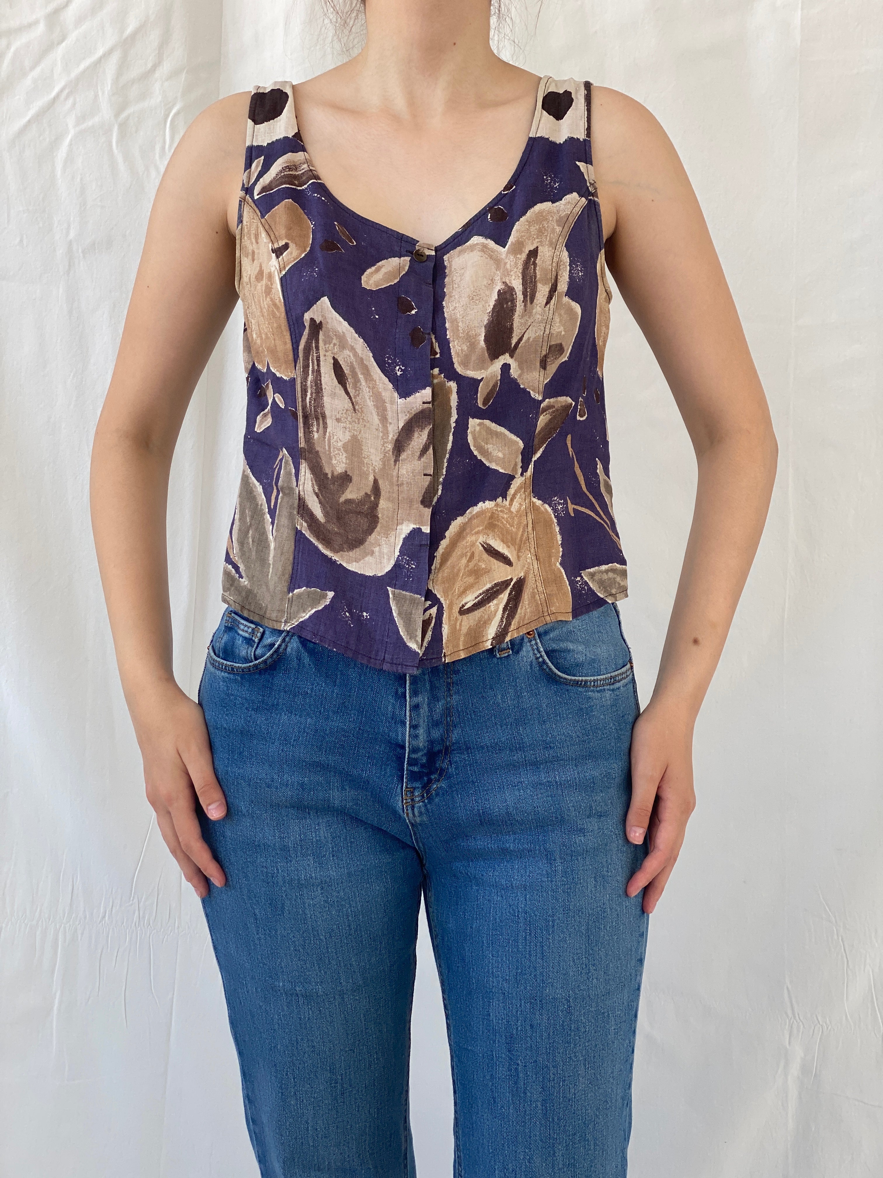 Vintage COPINES Abstract Floral Navy Beige Sleeveless Shirt - M