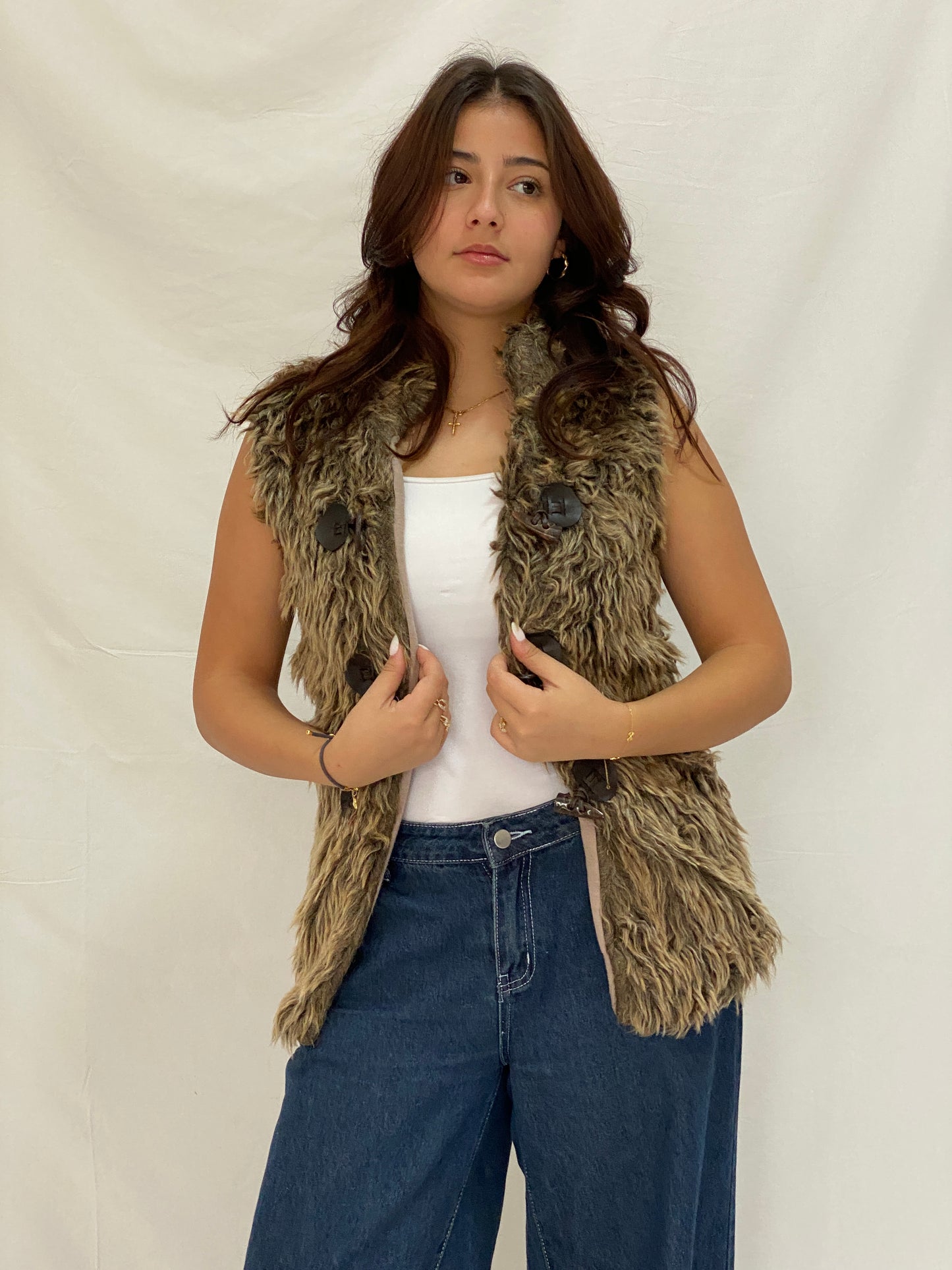 Vintage Shaggy Faux Fur Brown Sleeveless Boho Vest with Toggle Buttons - M
