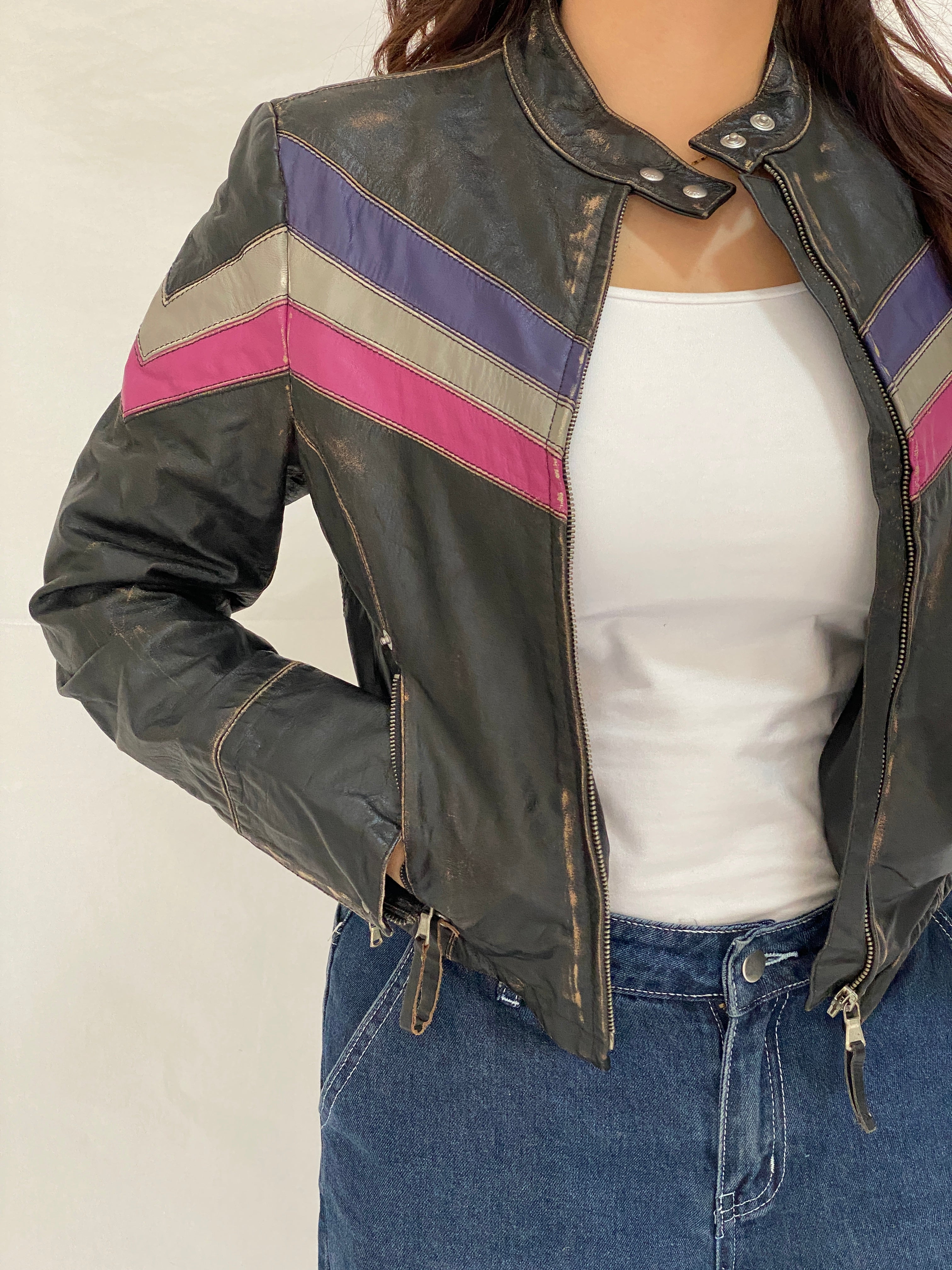 Vintage Miss Sixty Distressed Genuine Leather Moto Jacket Y2K Chevron Colorblock Biker - M