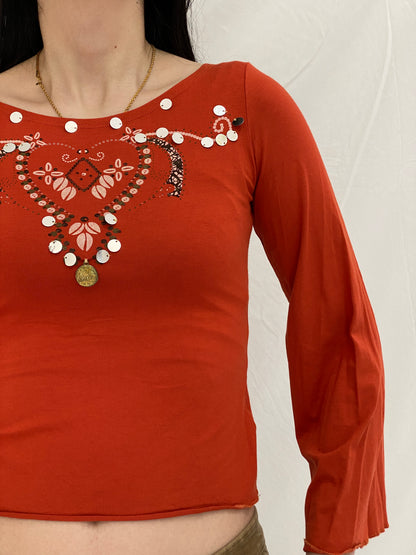 Y2K Exzotica Orange Embellished Graphic Top with Coin Details - S