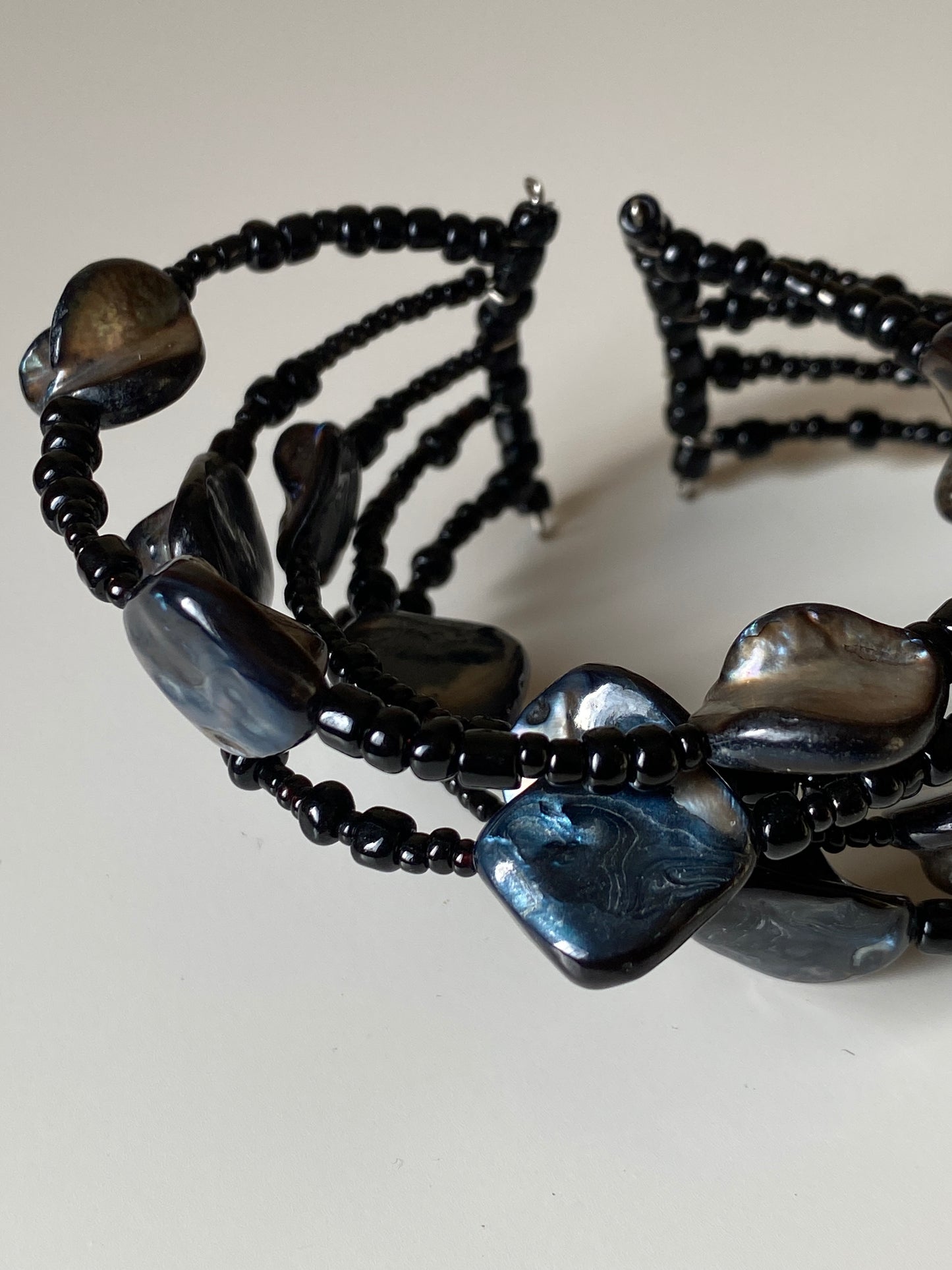 Vintage Y2K Black Beaded Wrap Bracelet with Shell Cabochon Stones Boho Statement Jewelry