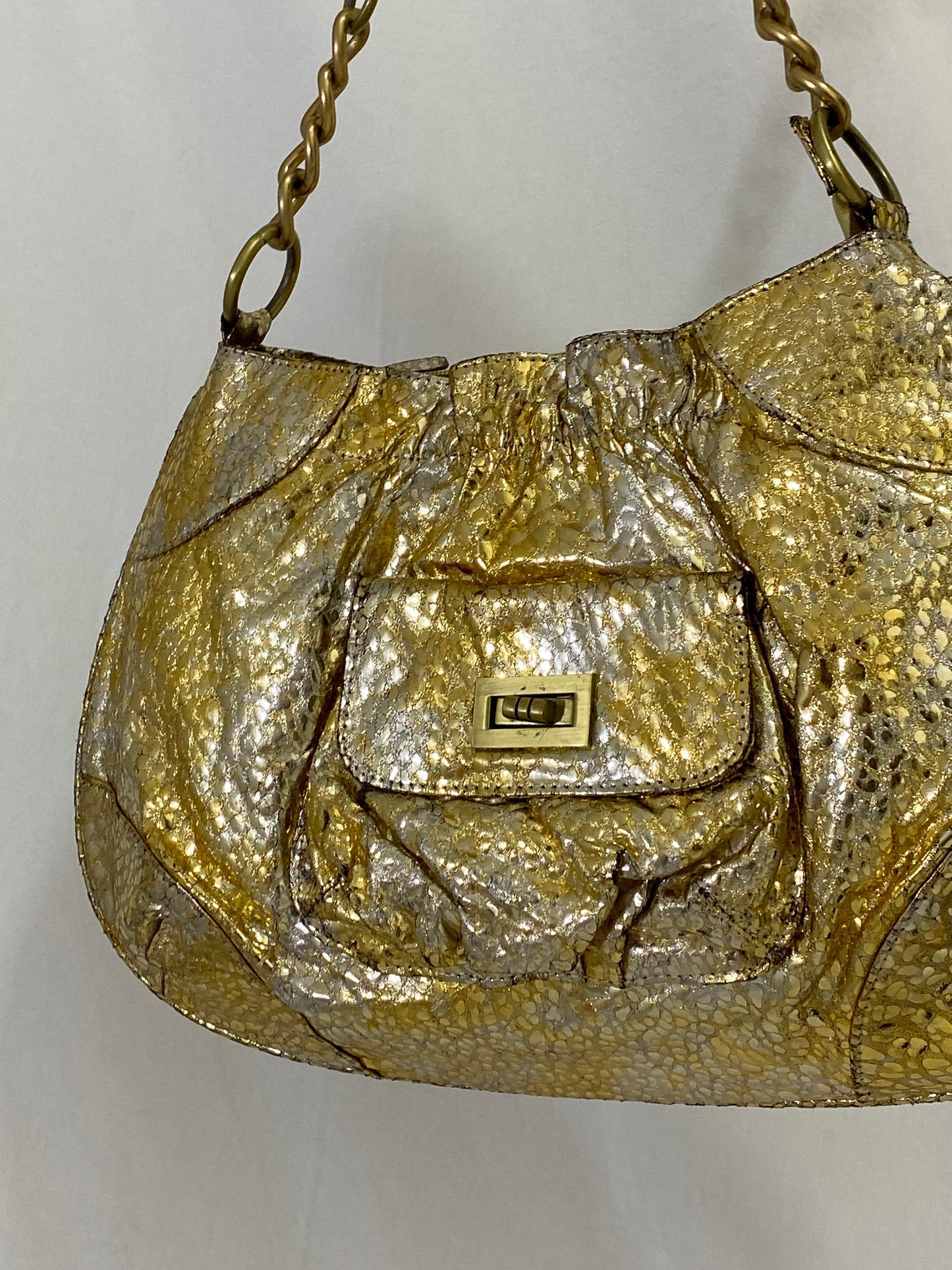 Vintage Gold & Silver Purse Metallic Faux Leather Shoulder Bag with Chain Strap