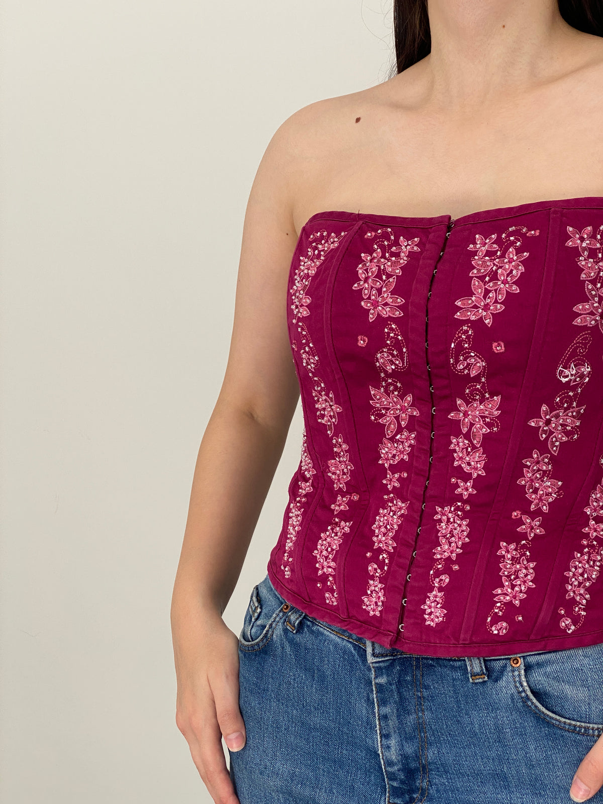 Vintage Y2K KRISP Cotton Embroidered Lace-Up Corset Top - M
