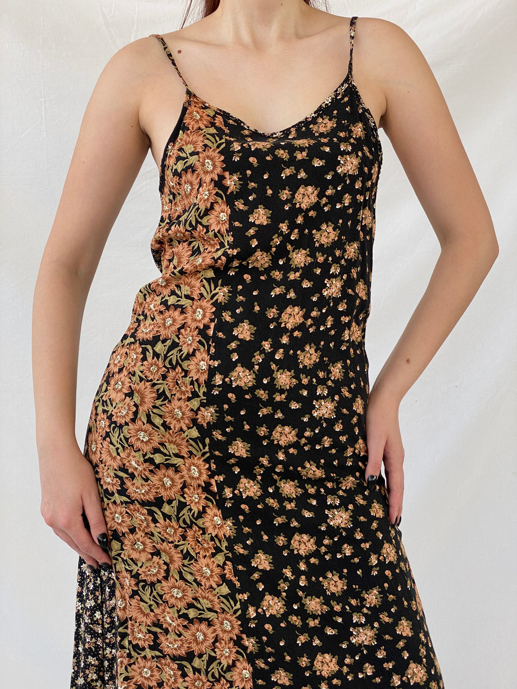 Vintage 90s High Maintenance Black Floral Spaghetti Strap Maxi Dress - M