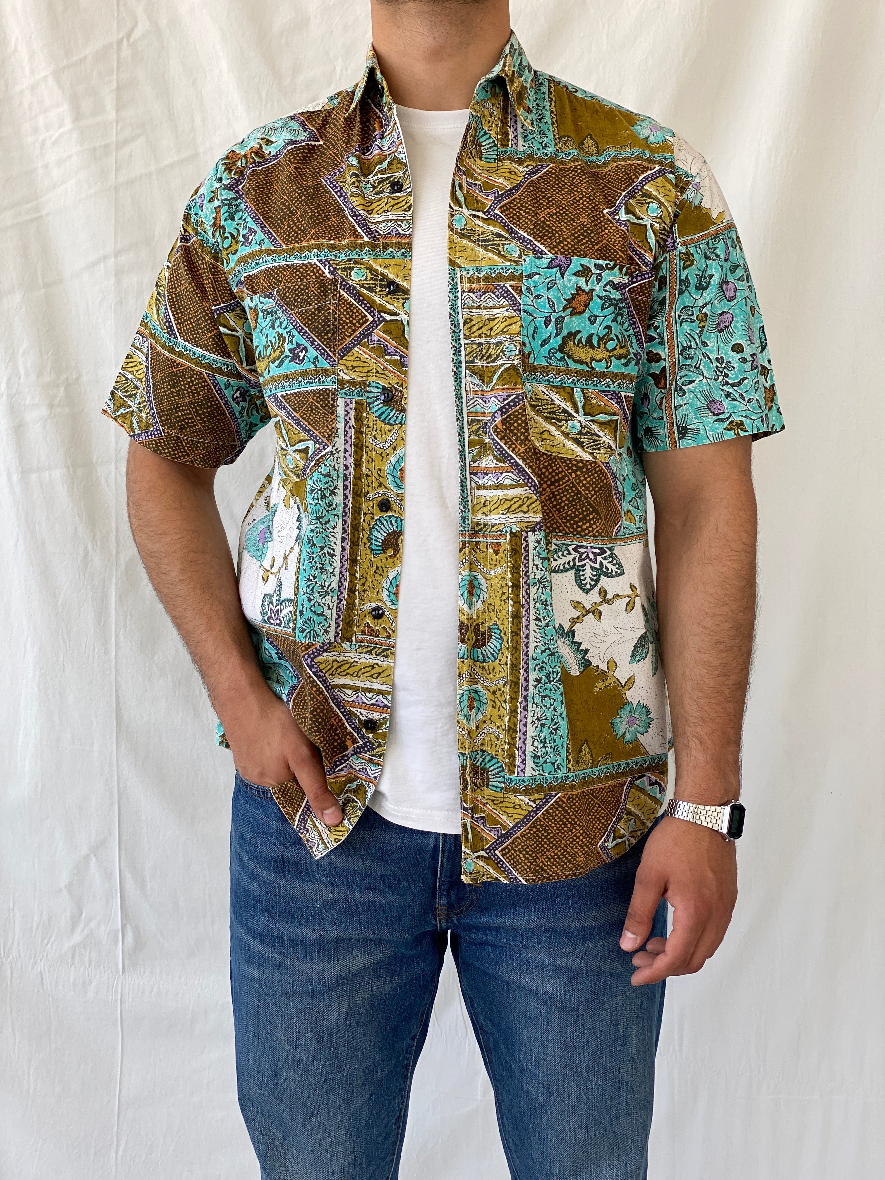 Vintage Christopher Barnes International Half Sleeve Button Down Men’s Printed Shirt - M