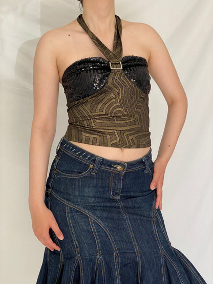 Y2K Black & Gold Sequin Halter Party Top Shimmery Metallic Clubwear Top – S