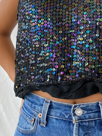 Vintage 90s Sequined Silk Cami Top - M