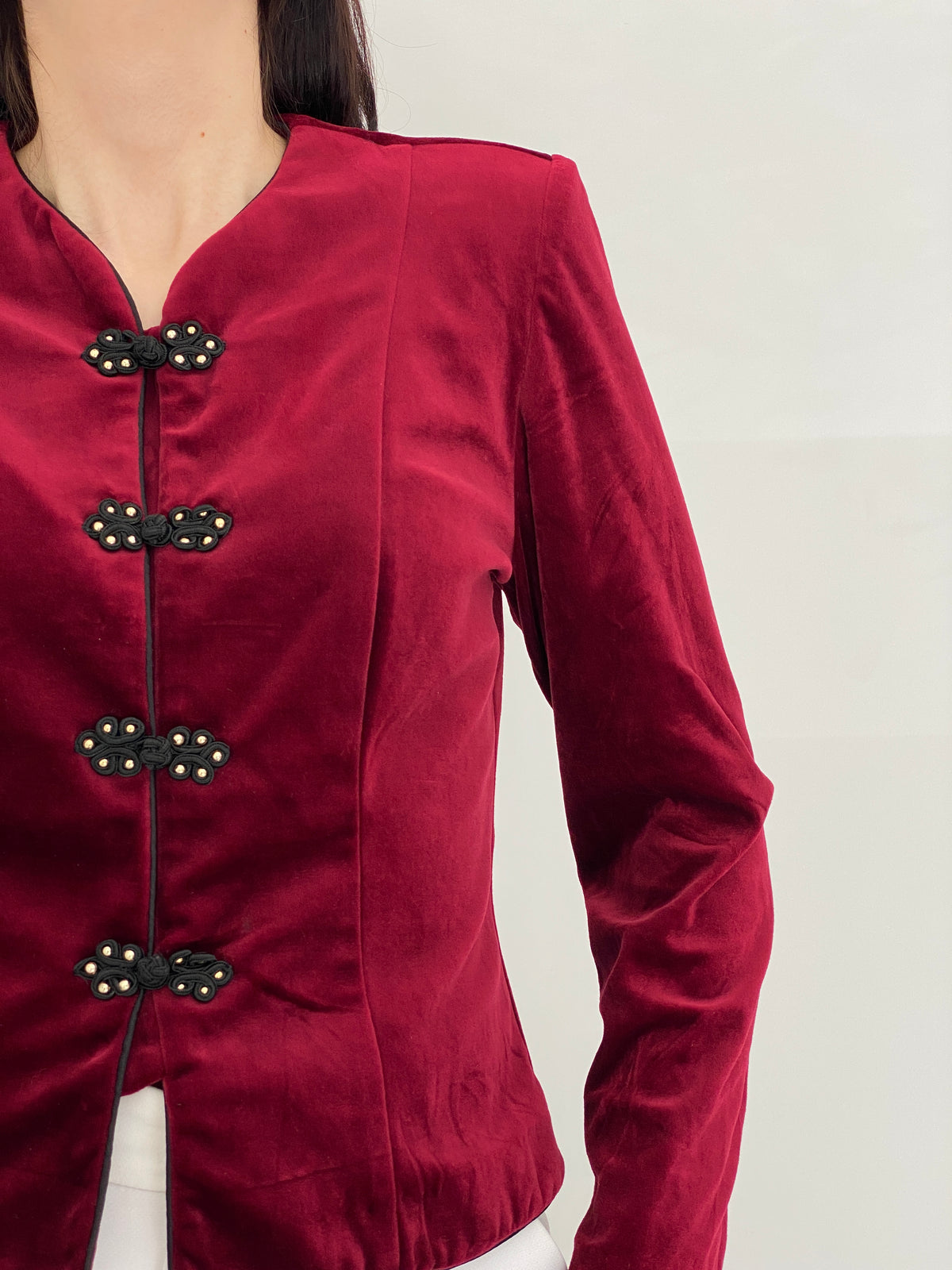 Vintage 90s Maren Burgundy Velvet Jacket with Frog Closures - M