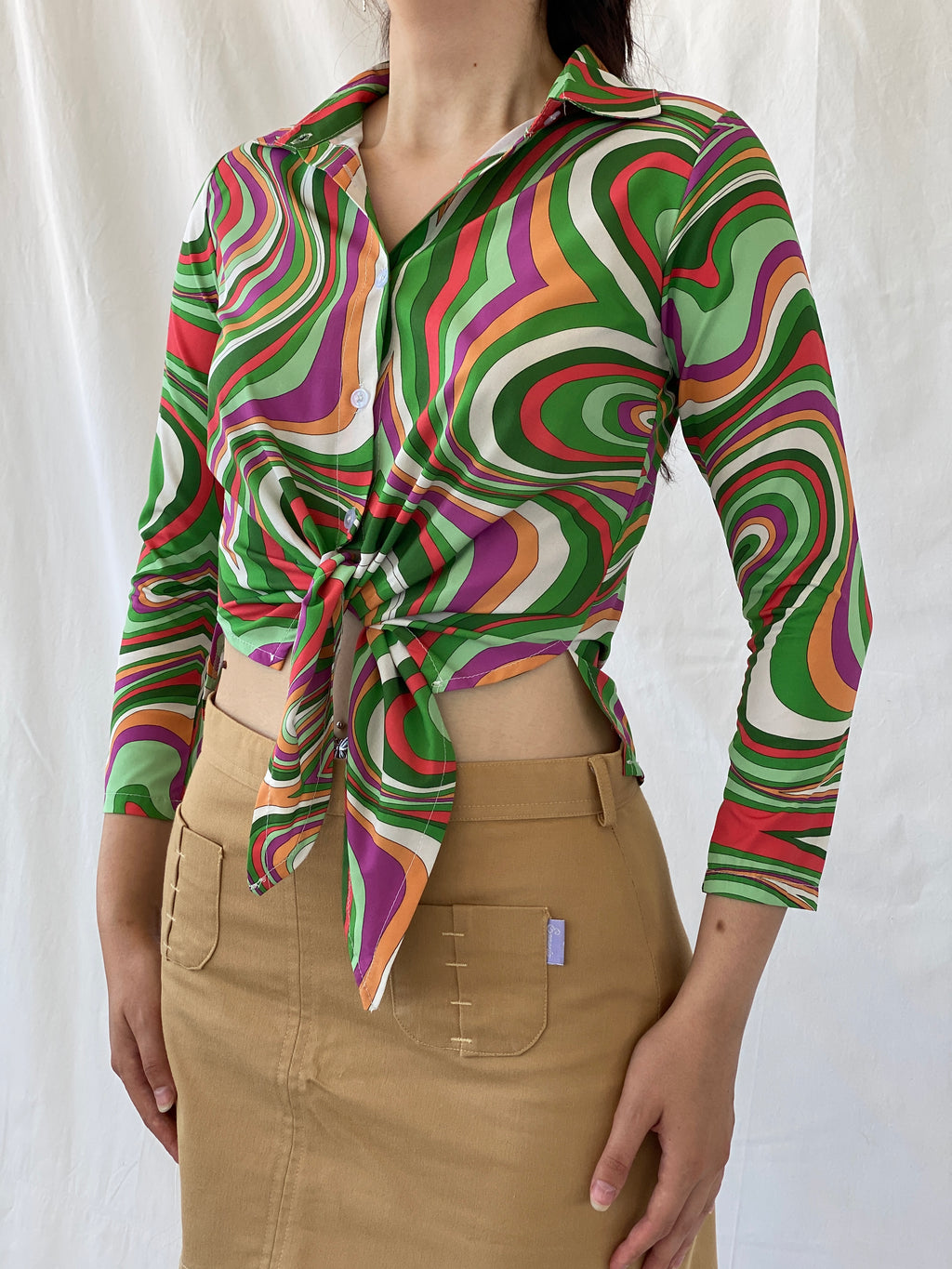 Vintage Psychedelic Print Shirt 70s Style Swirl Tie Front Blouse - M