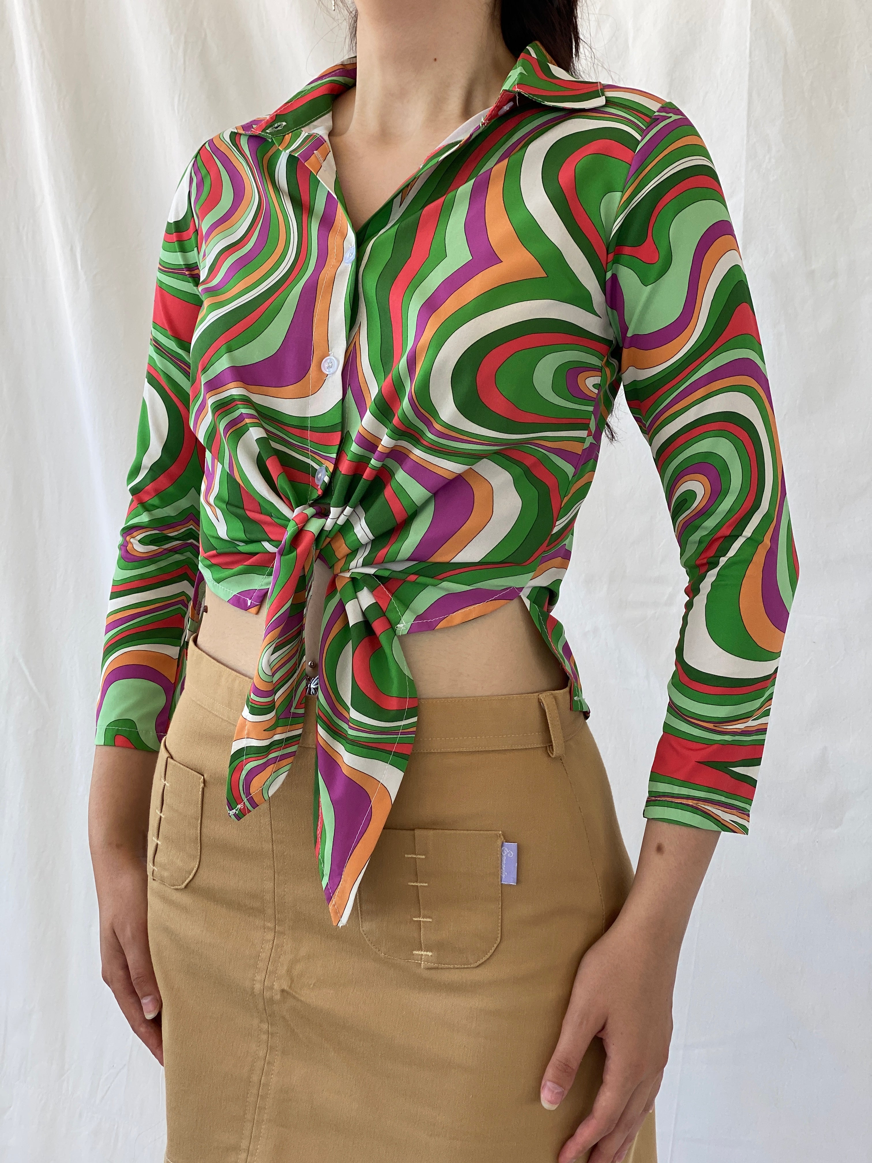 Vintage Psychedelic Print Shirt 70s Style Swirl Tie Front Blouse - M